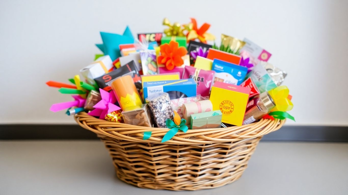 Creative gift basket with assorted colorful items.