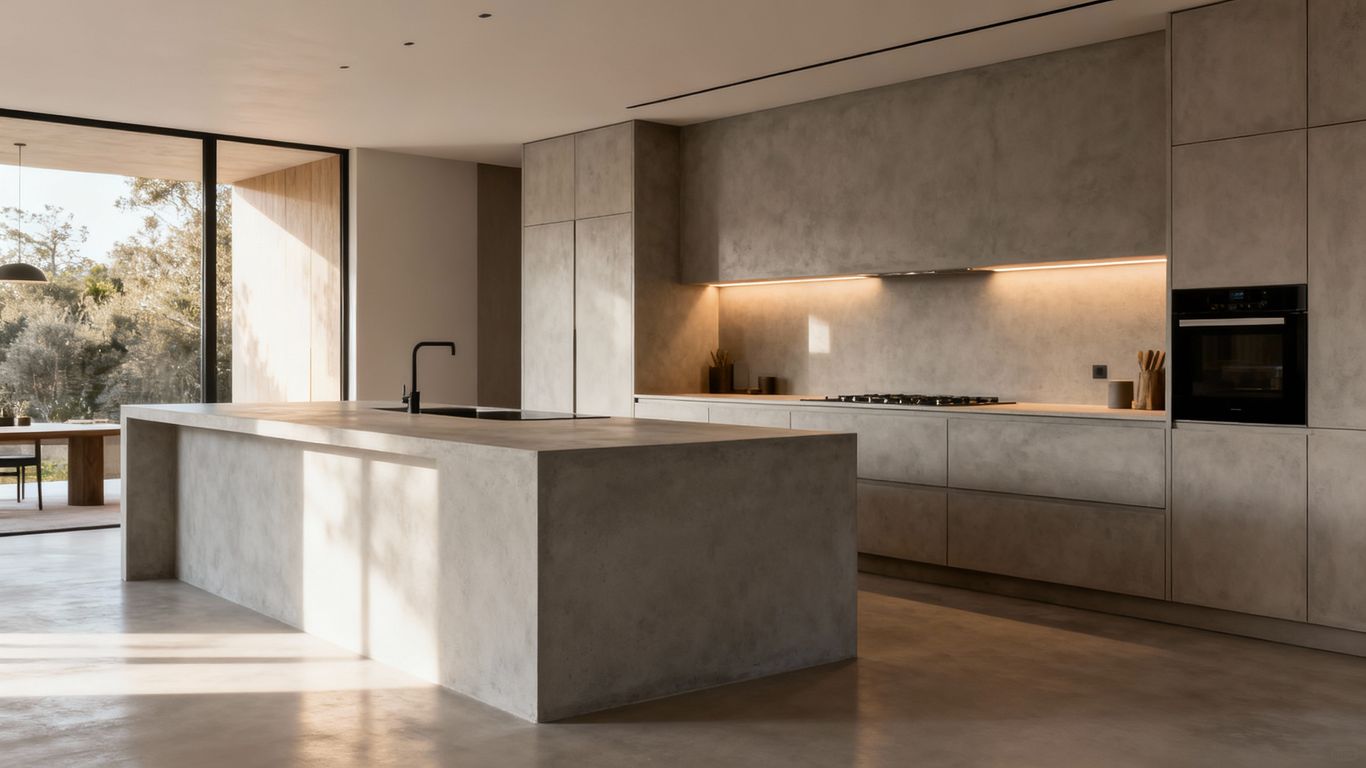 Modern kitchen with micro cement countertops and backsplash.