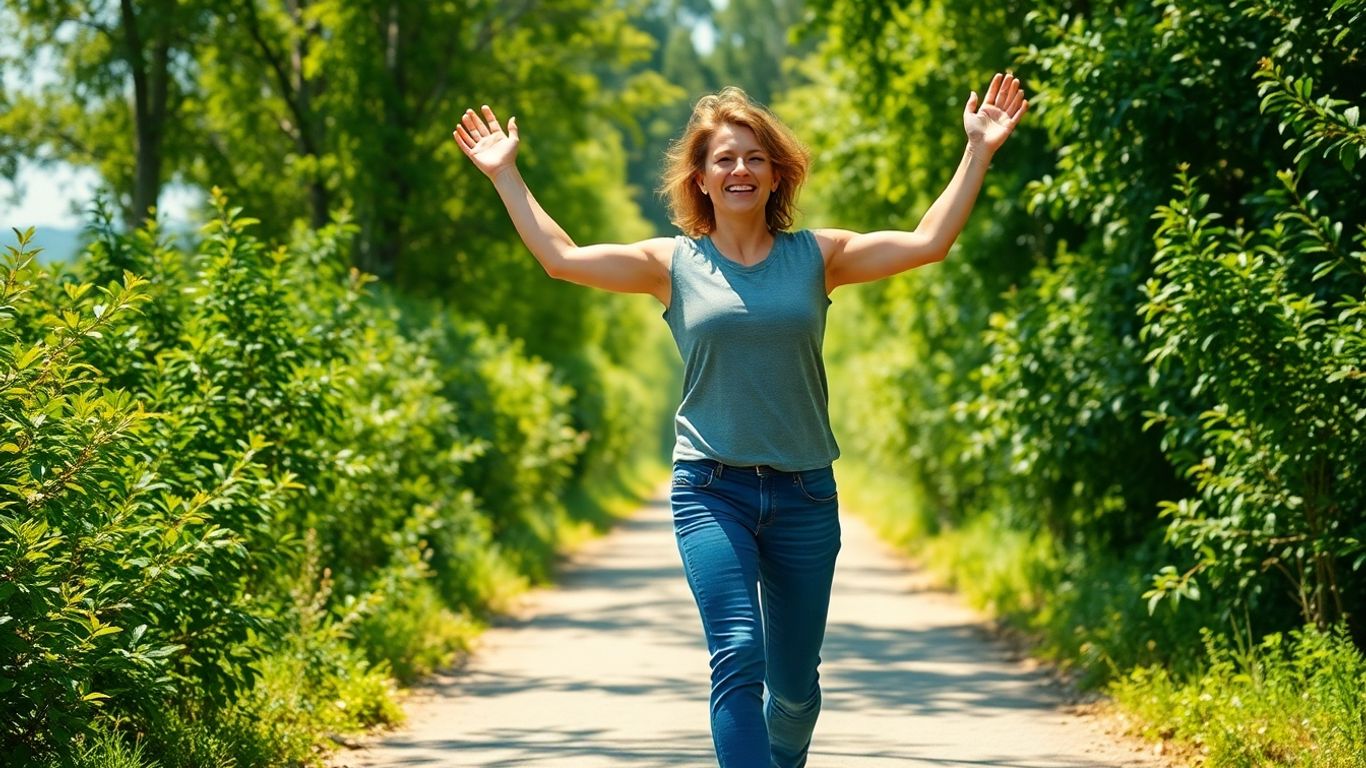 Energetic person walking on a sunny path.