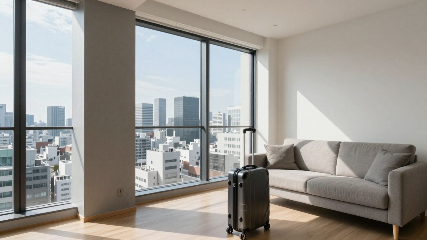 Modern Tokyo apartment with city view and suitcase.