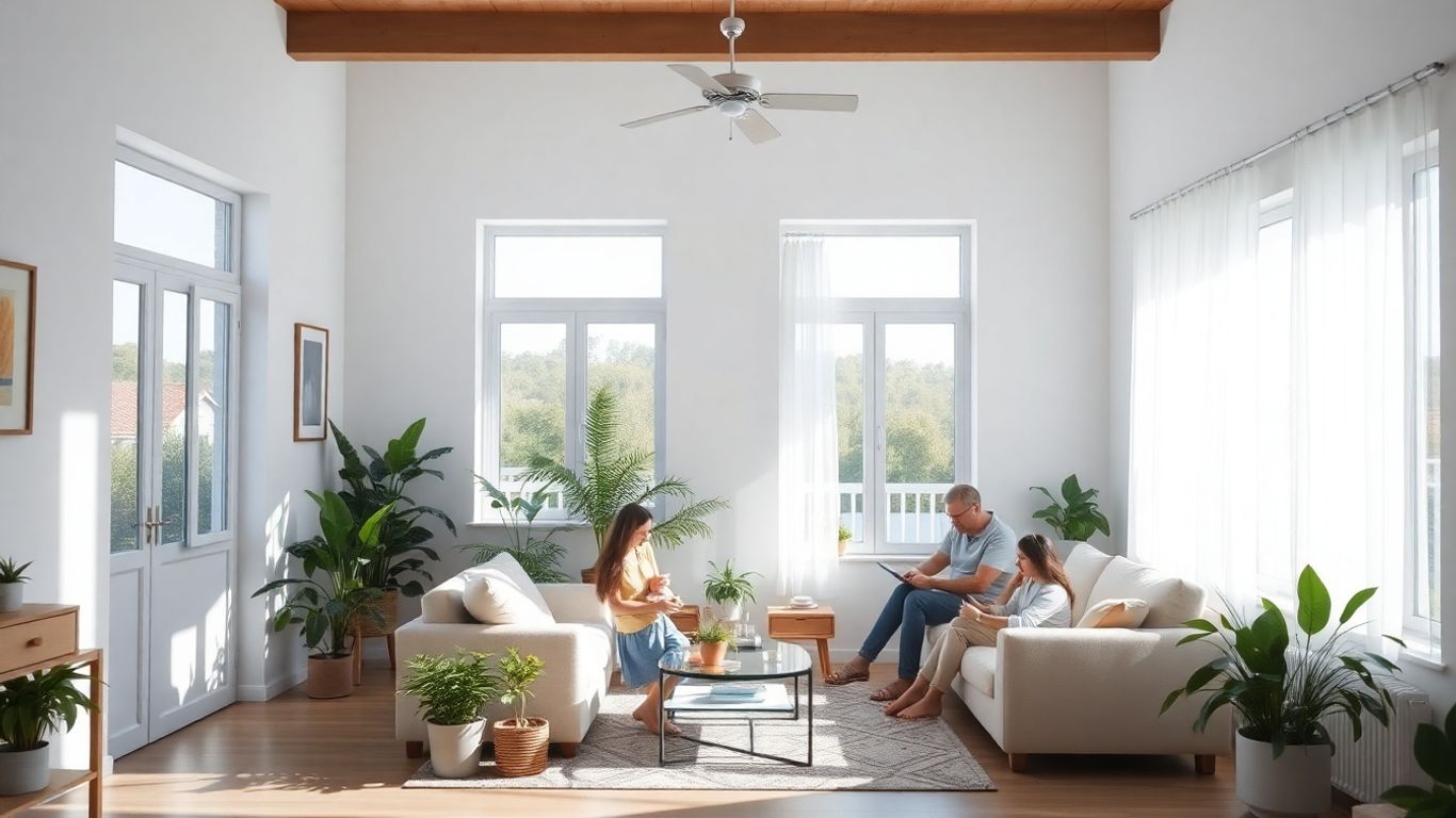 Familie relaxându-se într-o casă curată și luminoasă.