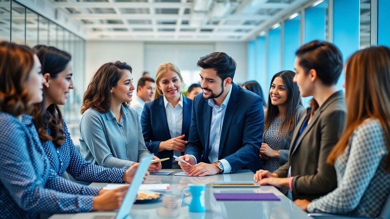 Menschen arbeiten in einem modernen Büro mit blauen Akzenten.