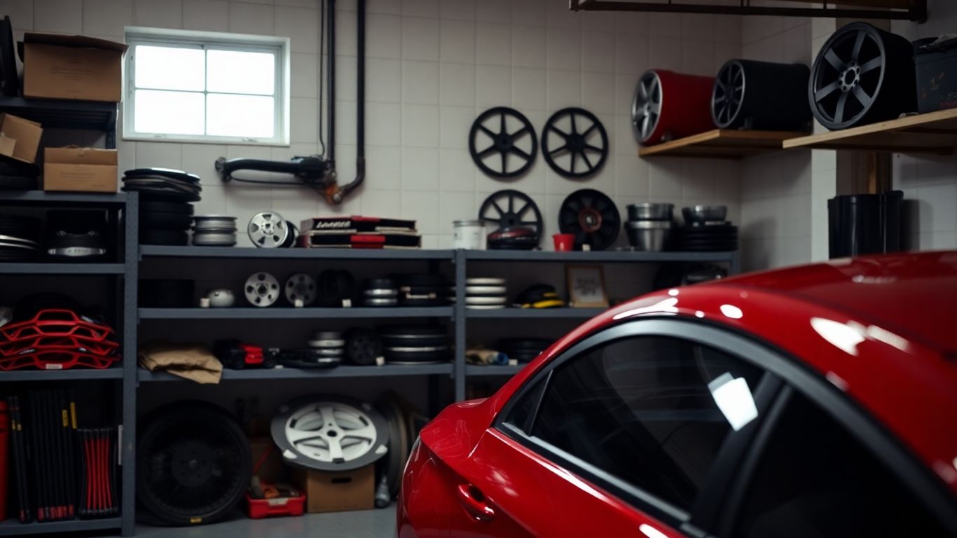 Mitsubishi car parts and a red Lancer Evolution.