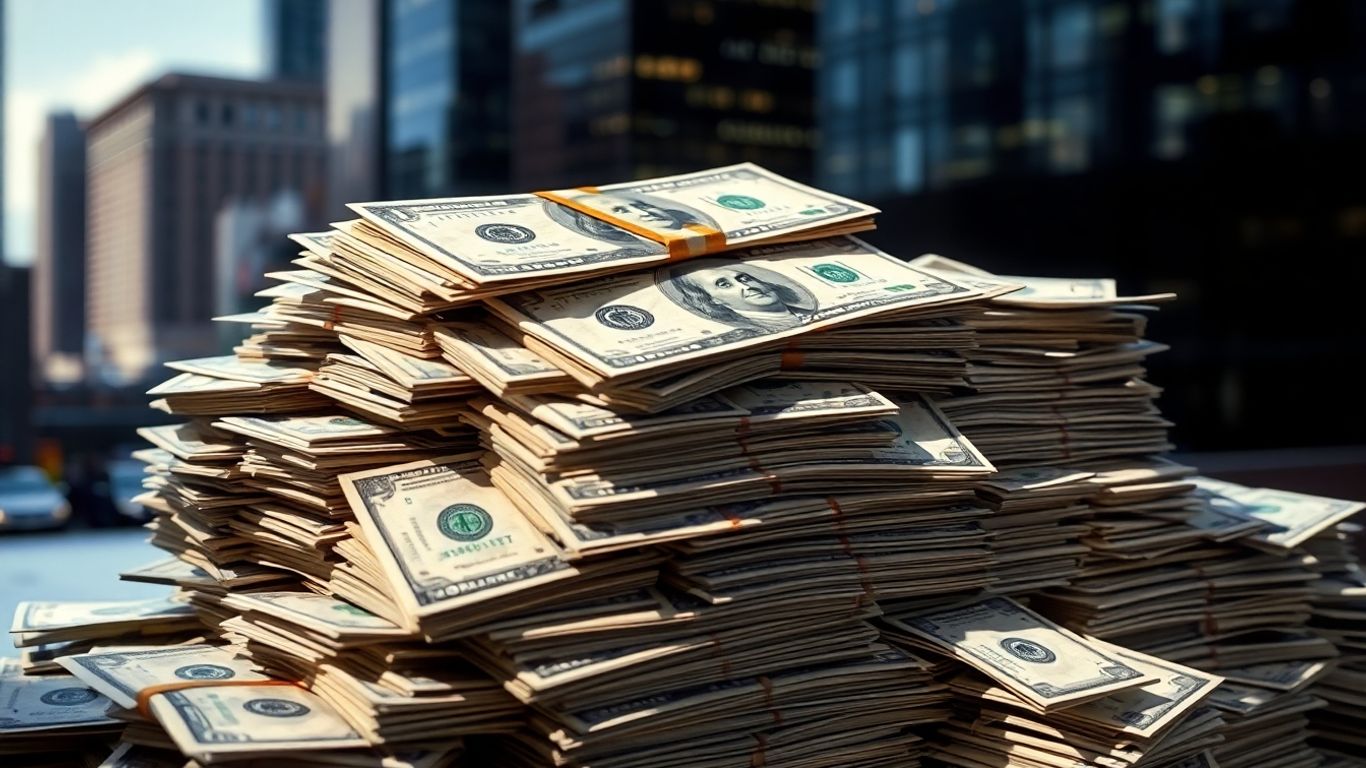 Pile of money with blurred city background