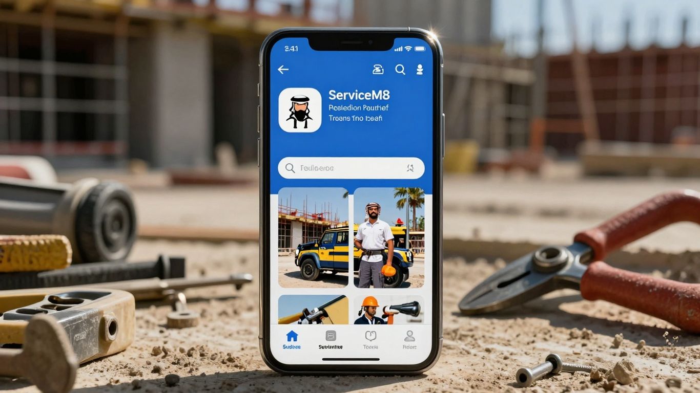 Smartphone displaying ServiceM8 app on a construction site.