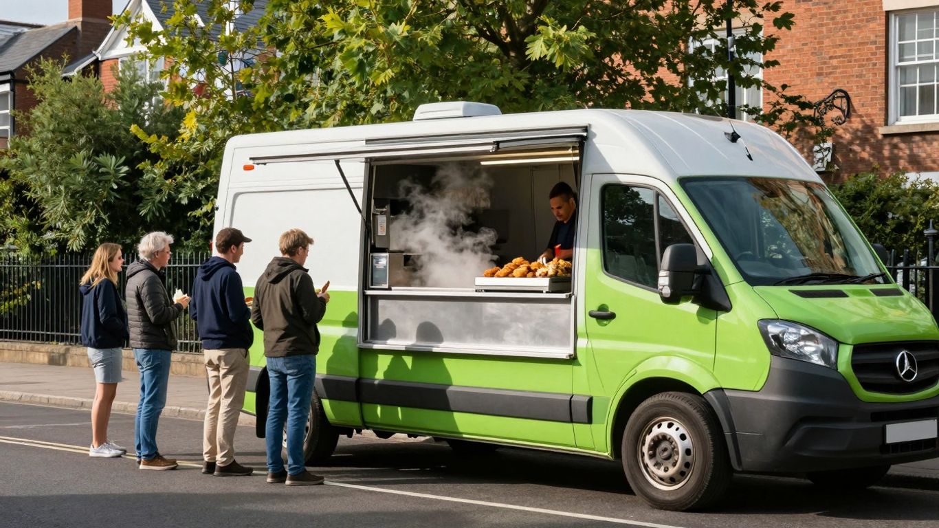 Food van on a UK street with happy customers.