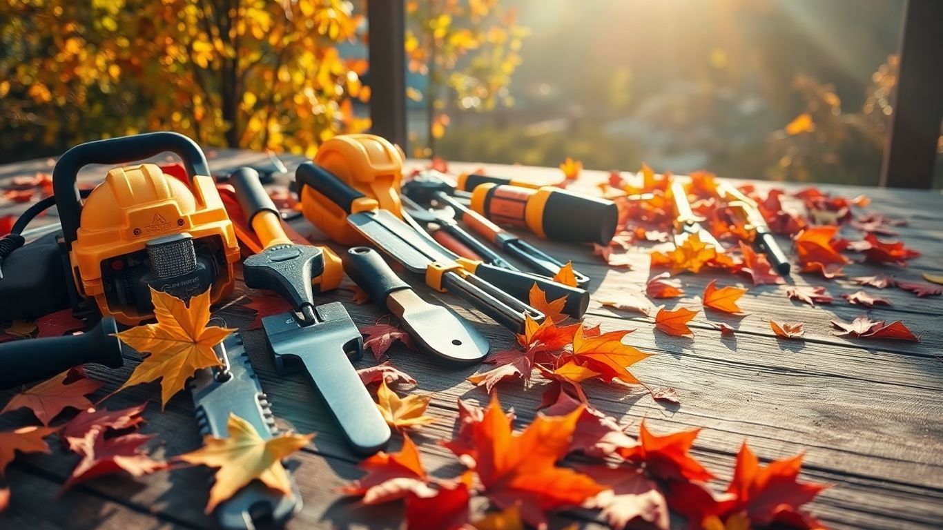 Contractor tools with autumn leaves.