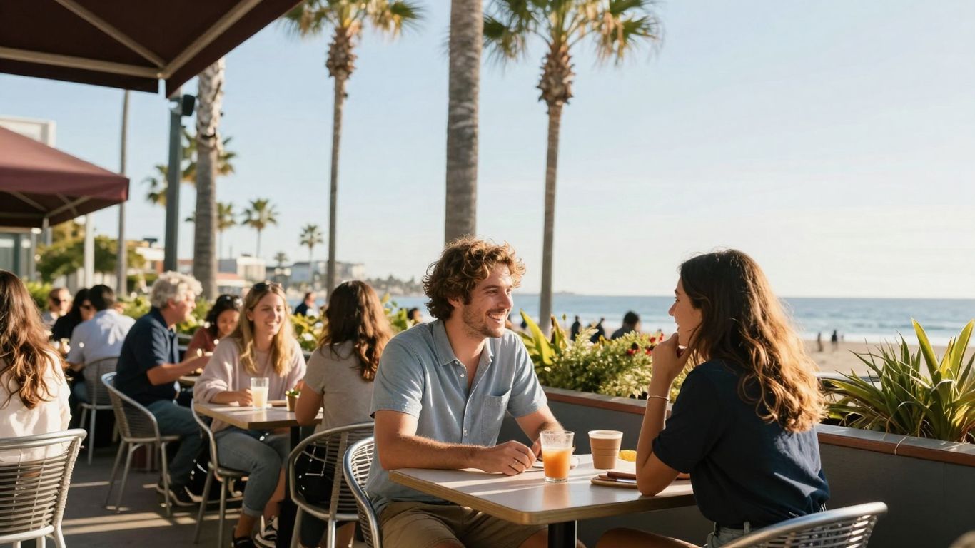 San Diego couples dating at an outdoor cafe.