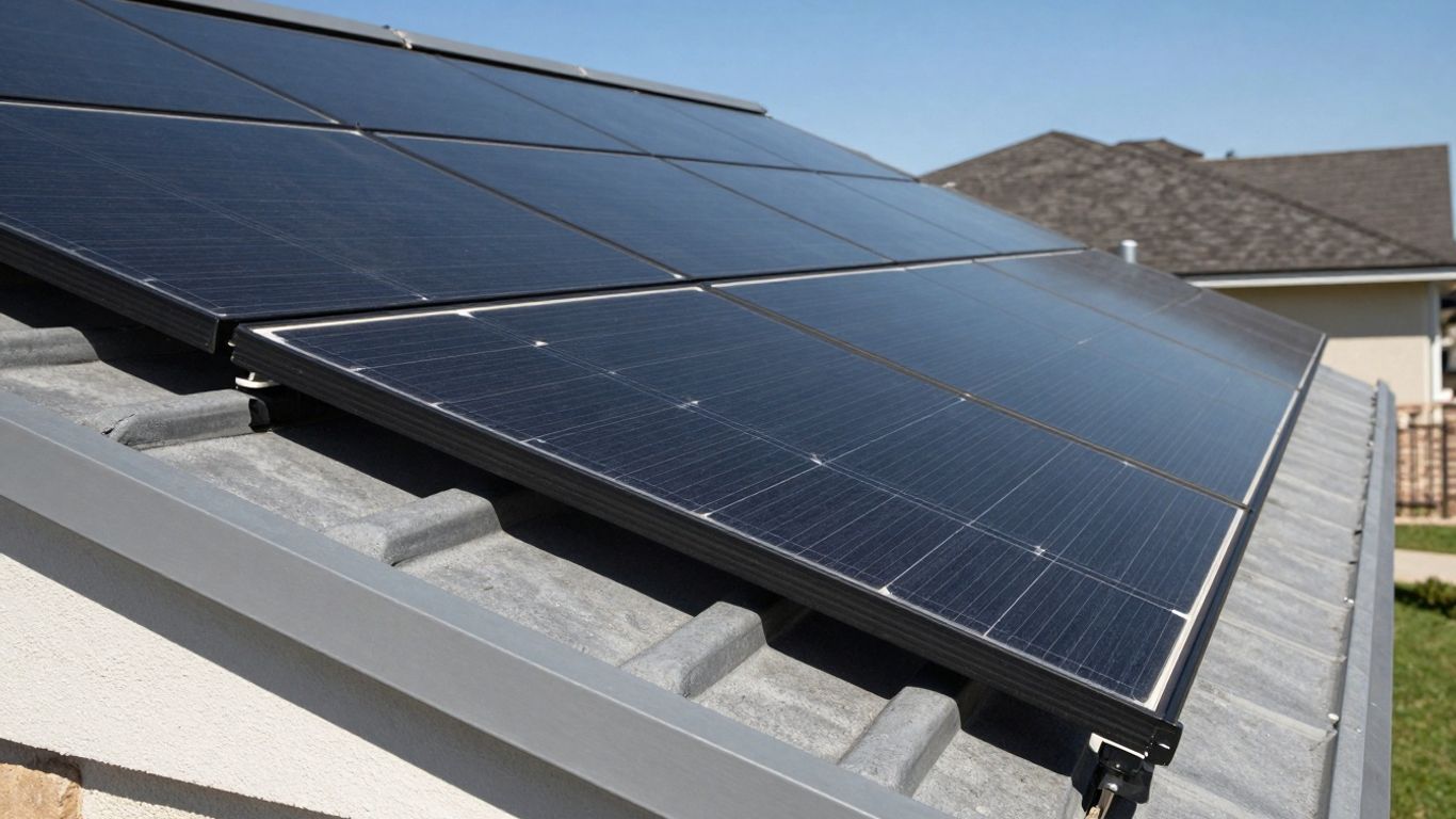 Solar panels on a roof under the sun.