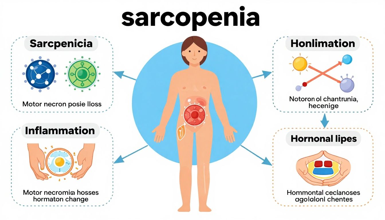 Infographic chart illustrating multiple mechanisms contributing to sarcopenia, including motor neuron loss, inflammation, and hormonal changes