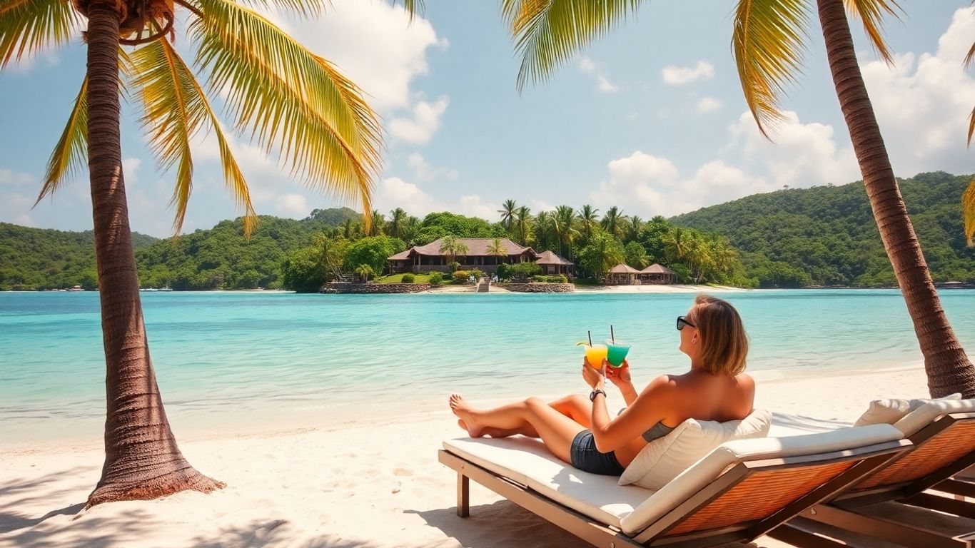 Couple enjoying a tropical beach vacation with cocktails.