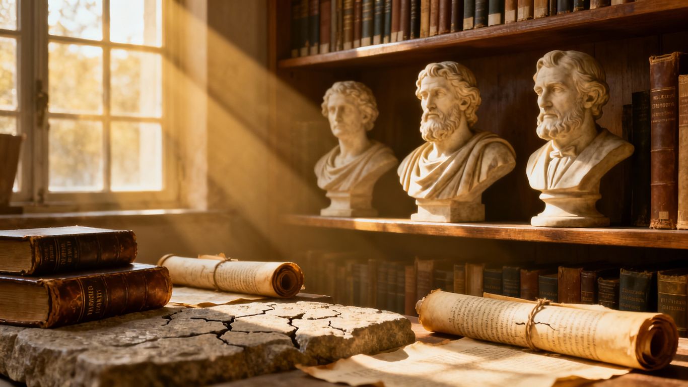 Collage of philosopher busts and ancient books in library.