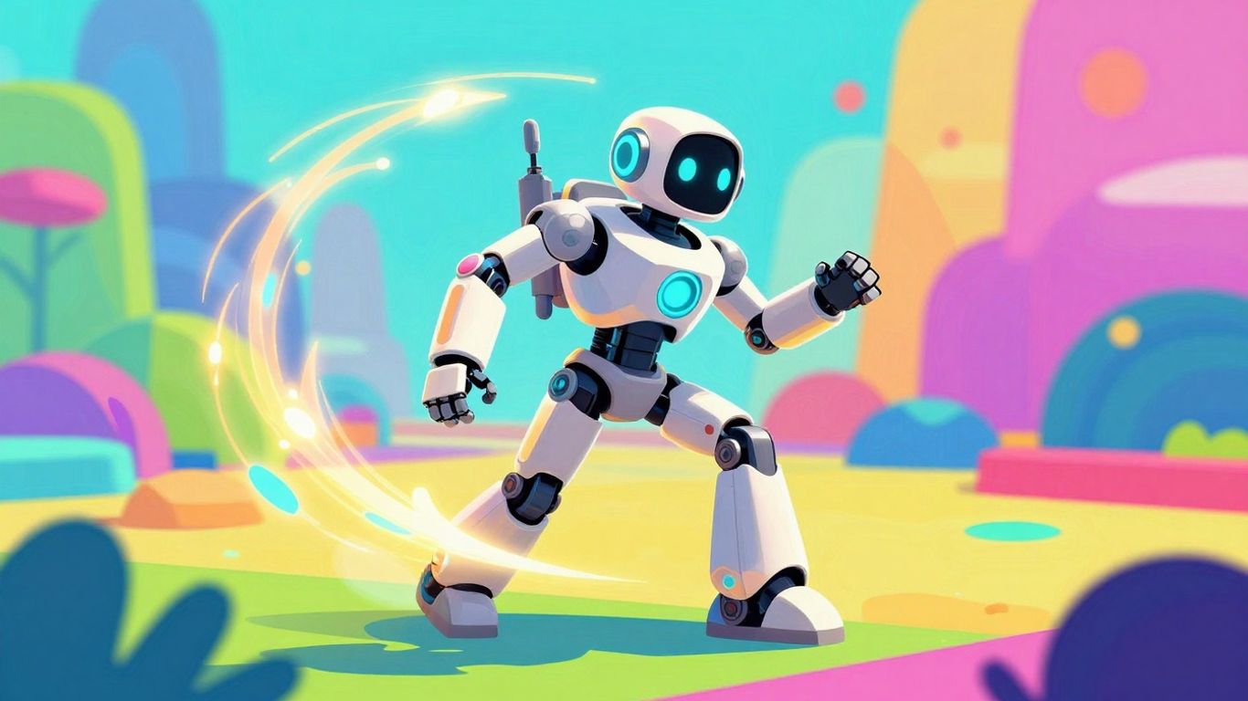 Robot character in a colorful digital game world.