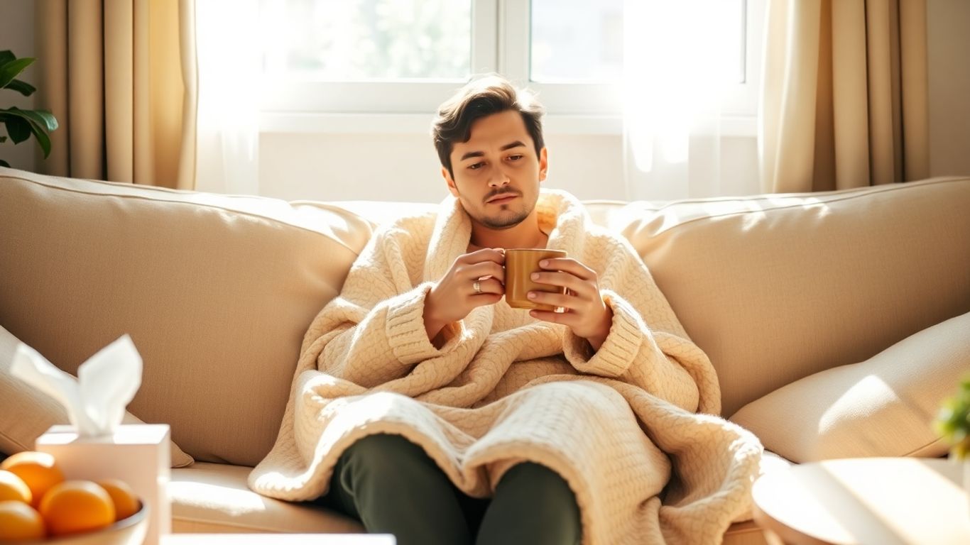 Person mit Decke und Tee entspannt sich bei Erkältung zuhause.