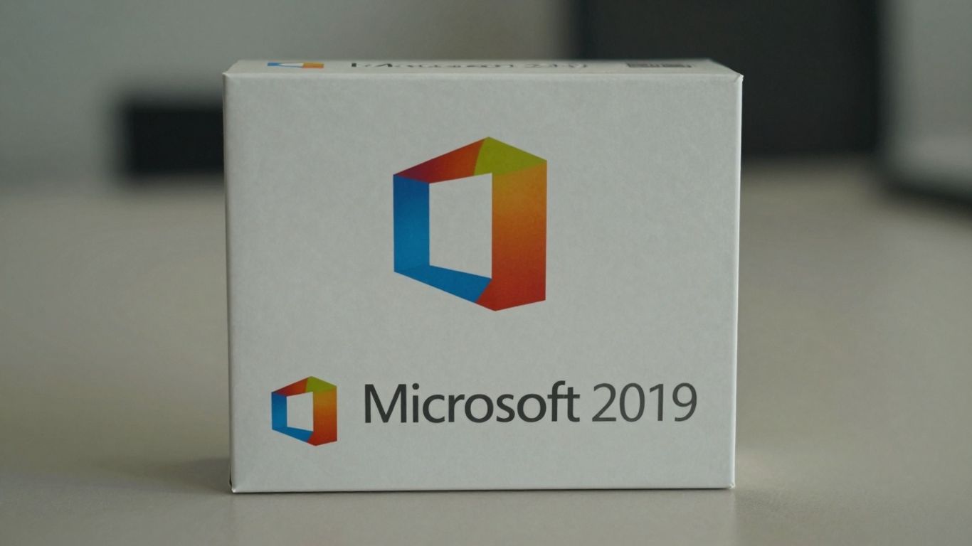 Caja de licencia de Office 2019 con logo colorido.