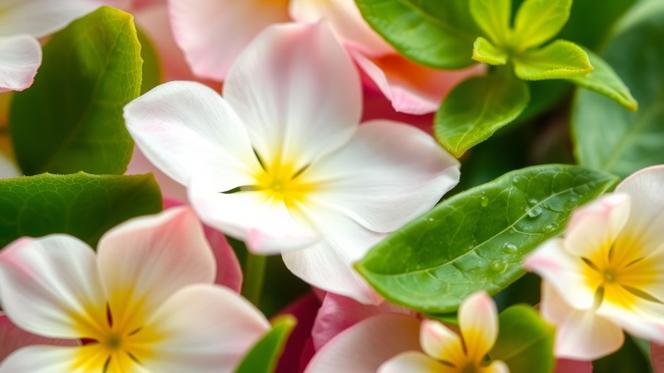 Natural flower petals and leaves with essential oil mist.