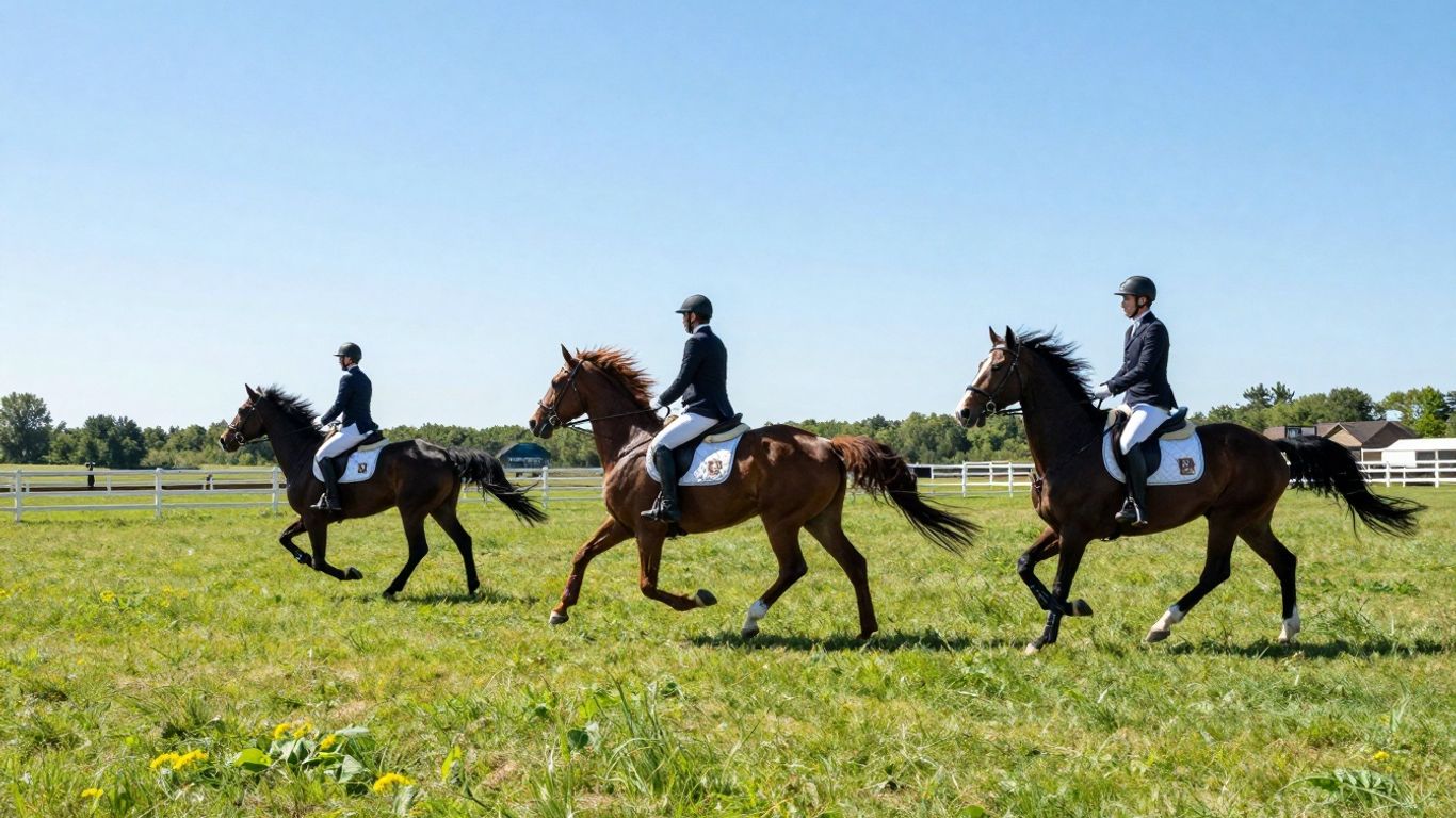 Riders on horseback in a sunny outdoor arena.