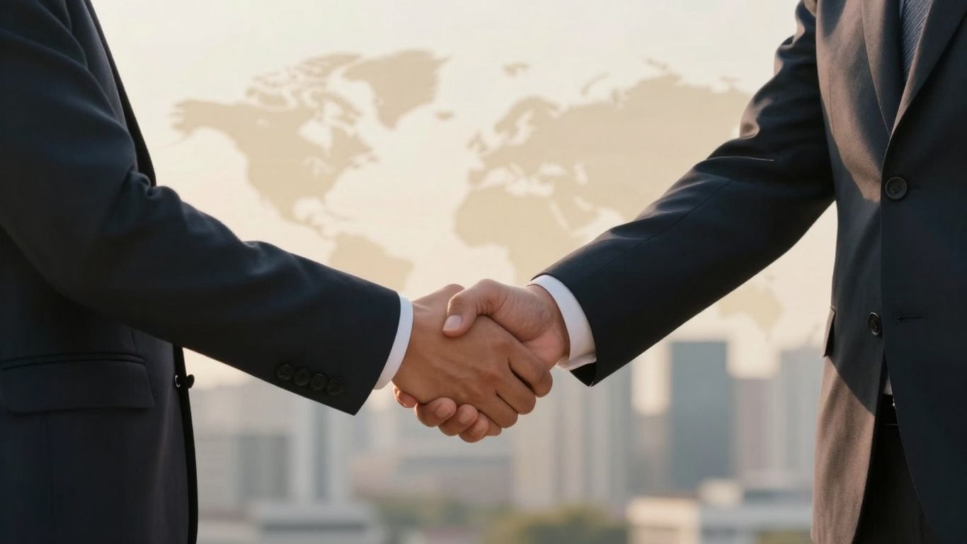 Mâini strângându-se în fața unui zgârie-nori.