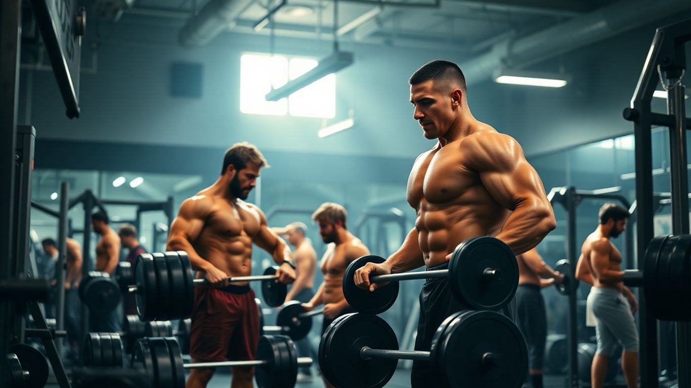 Muscular people lifting weights in a modern gym.