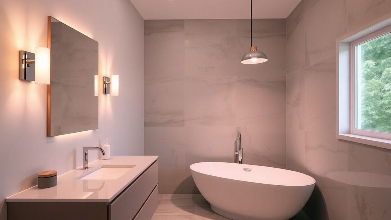 Modern bathroom with layered lighting, including vanity and pendant lights.