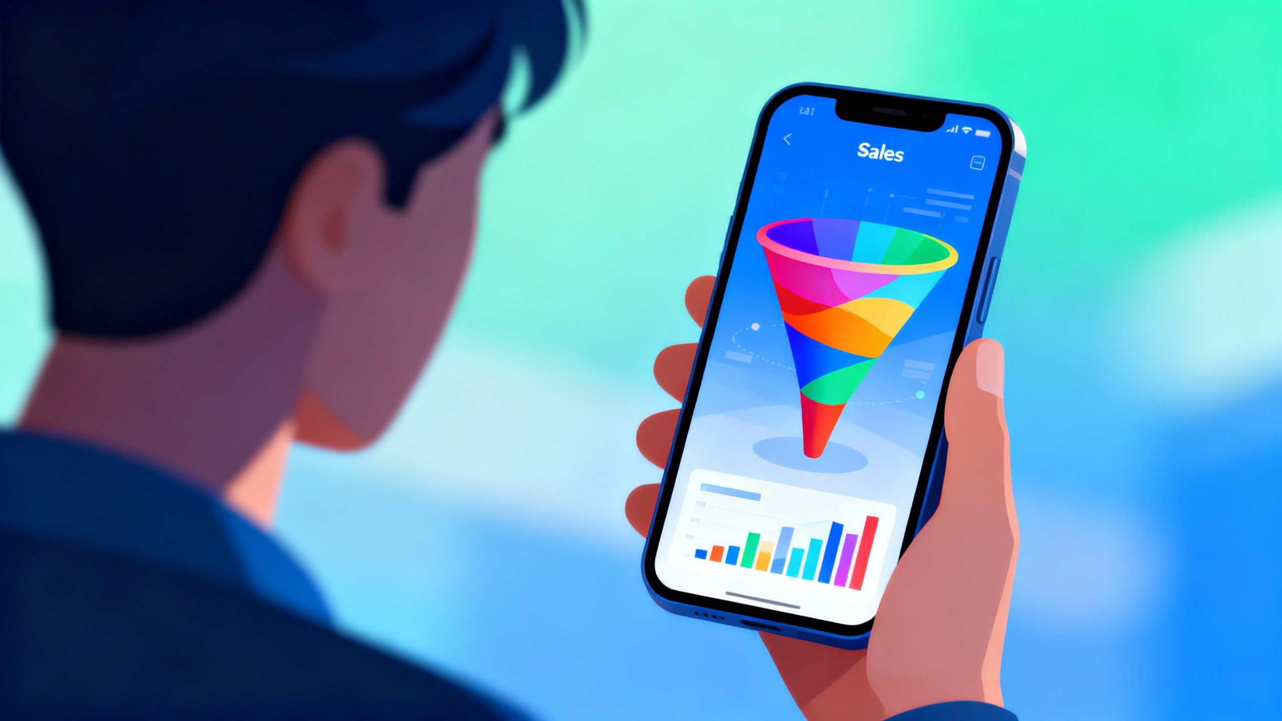 Person viewing a sales funnel on a smartphone screen.