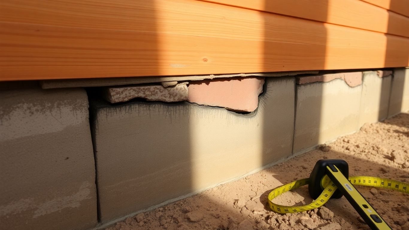 Home foundation with visible cracks and repair tools.