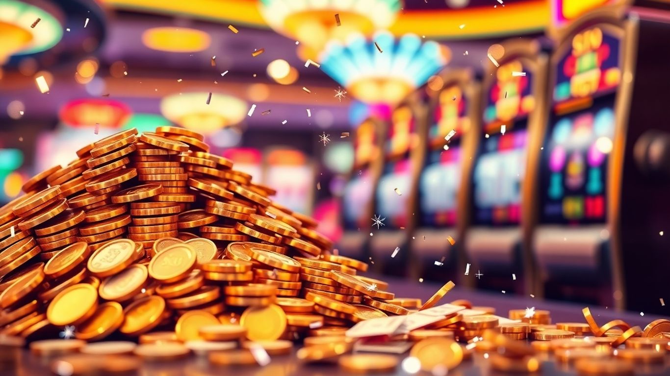 Golden coins and spinning slot machine reels with confetti.