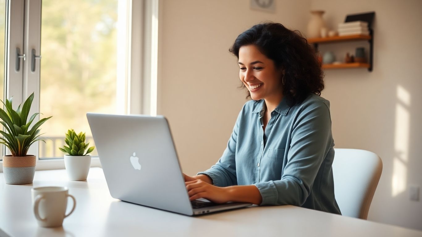 Mom working on laptop at home office desk.