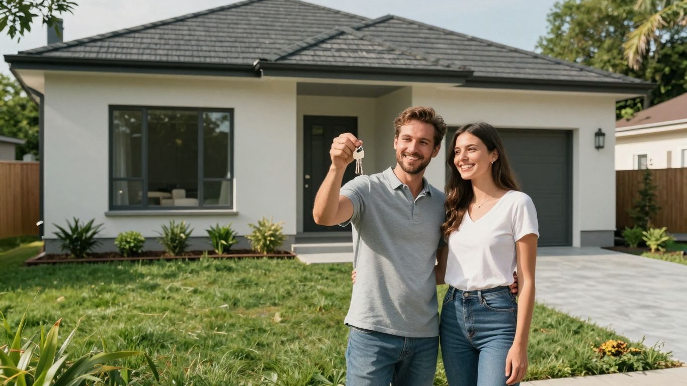 Couple with keys outside new NSW home.