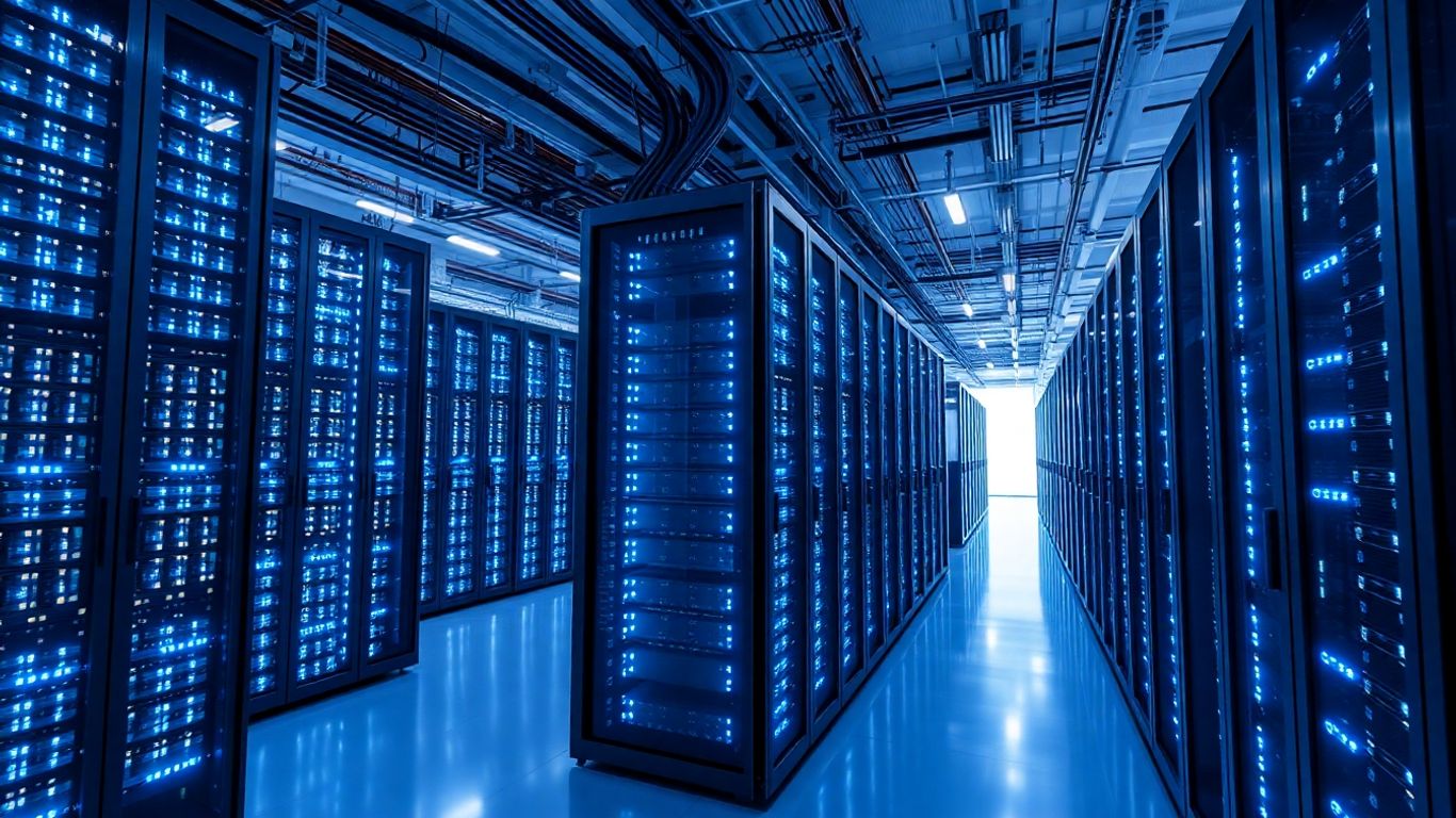Data center with glowing server racks.