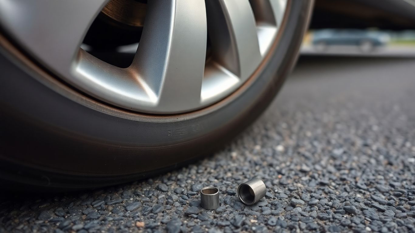 Tire with missing valve stem cap on asphalt.