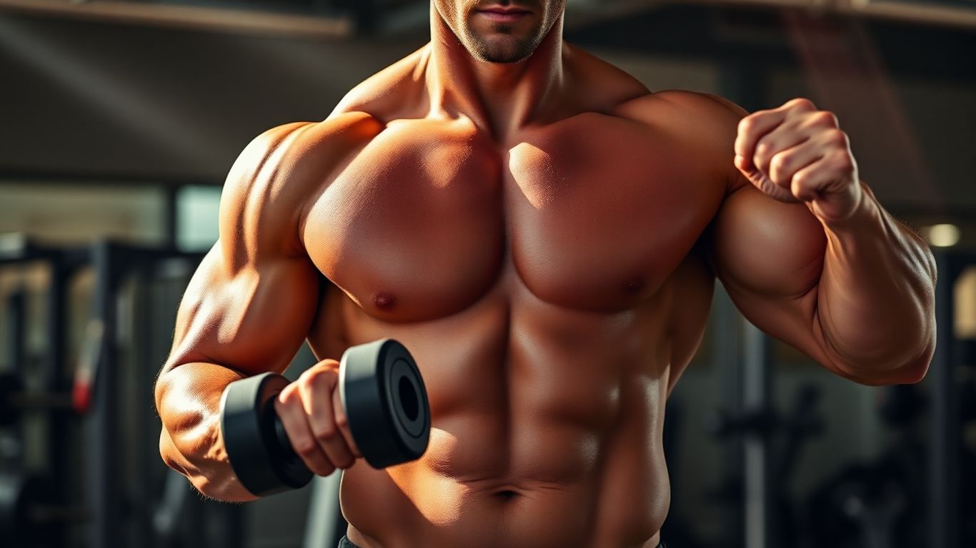 Muscular man flexing with dumbbell in gym