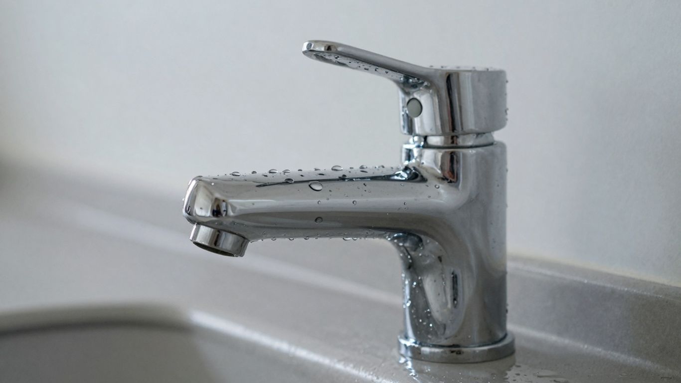 Polished nickel bathroom faucet with water droplets.