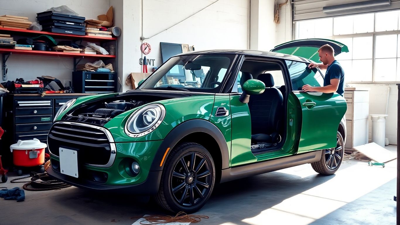 Green Mini Cooper dismantled in eco-friendly workshop.
