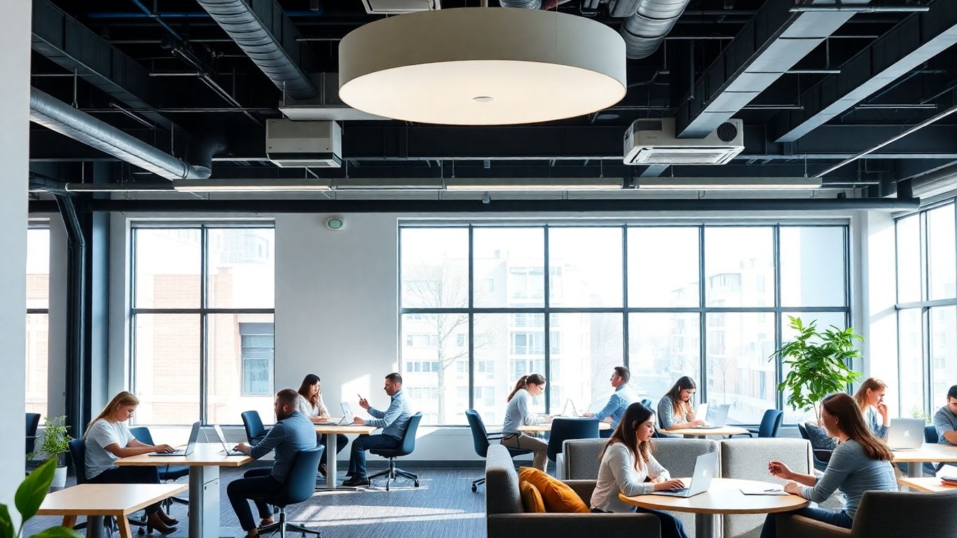 Moderne Büroräume mit flexiblen Arbeitsplätzen und natürlichem Licht.