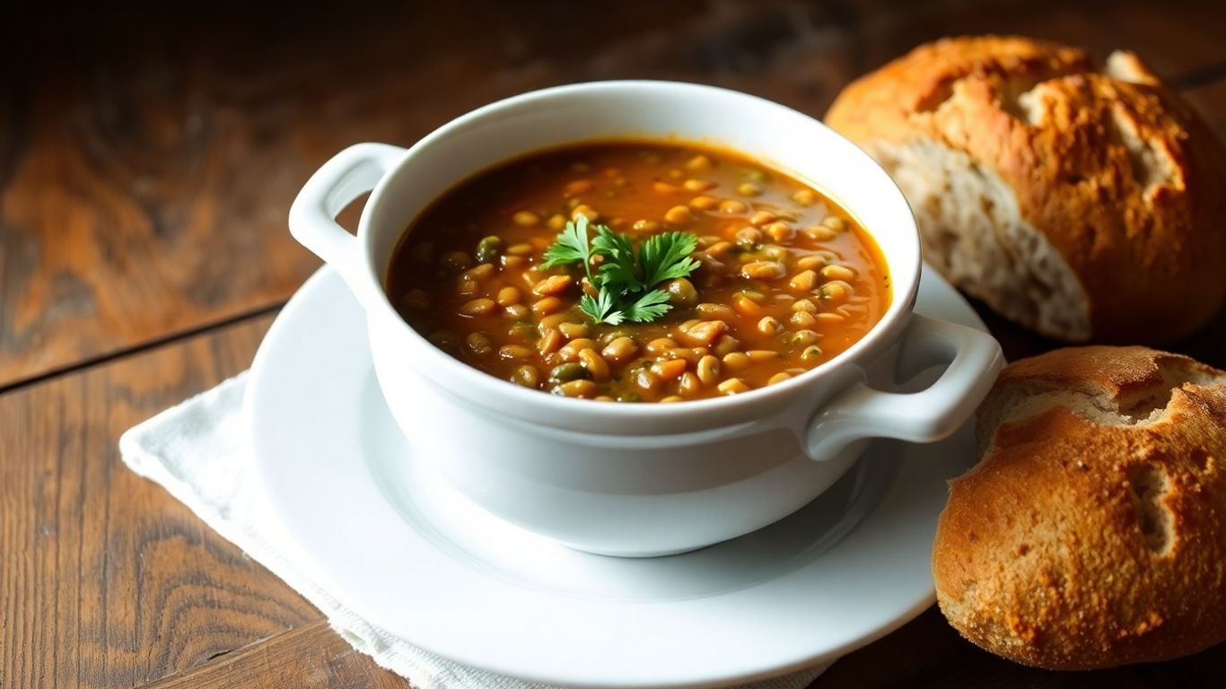 Hearty lentil soup with bread on a wooden table.