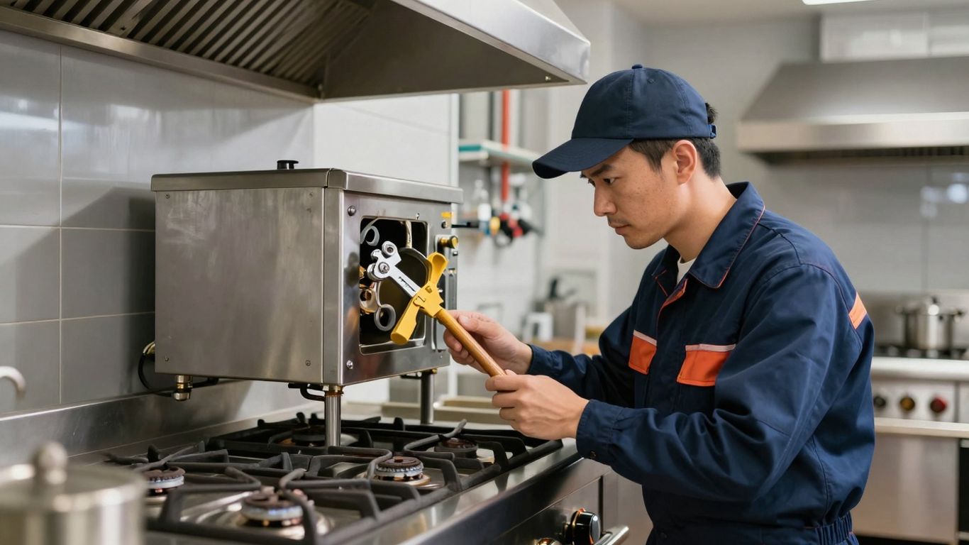 Gas engineer checking a commercial kitchen stove.