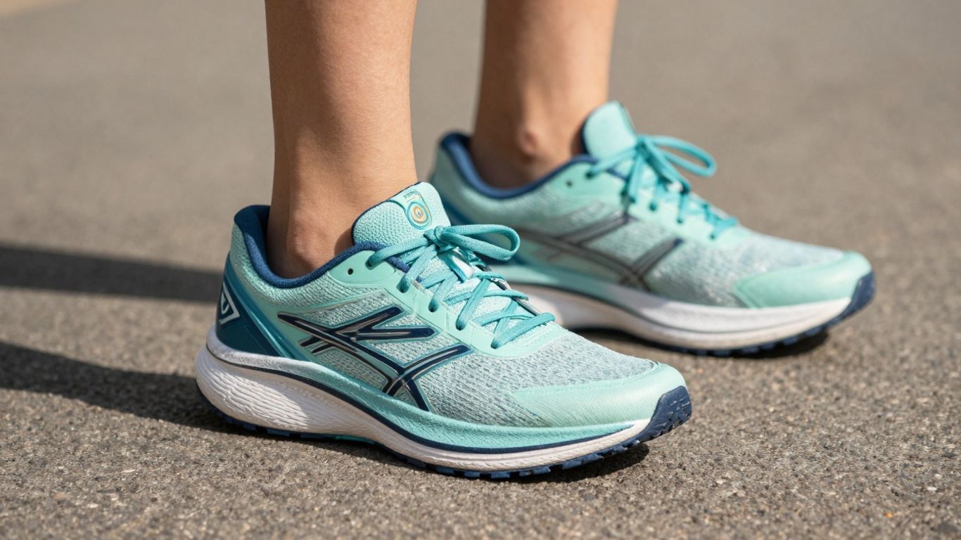 Woman's feet running in colorful road running shoes.