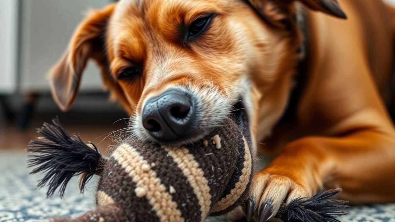Dog playing with a durable plush toy.
