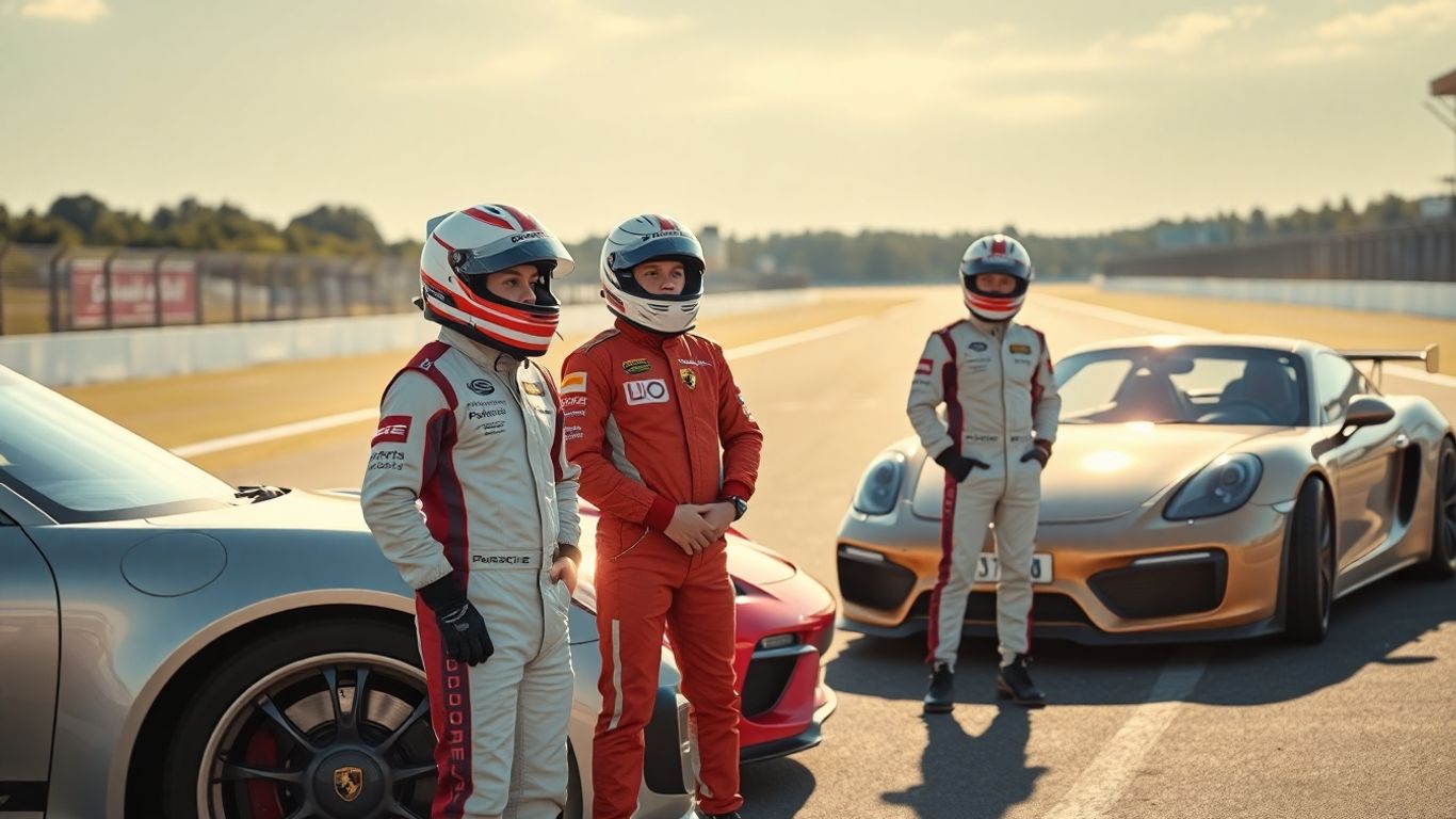 Young drivers and Porsche race cars at selection event.