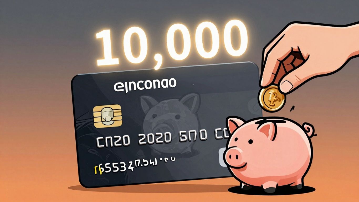Cartoon credit card with a limit and piggy bank.