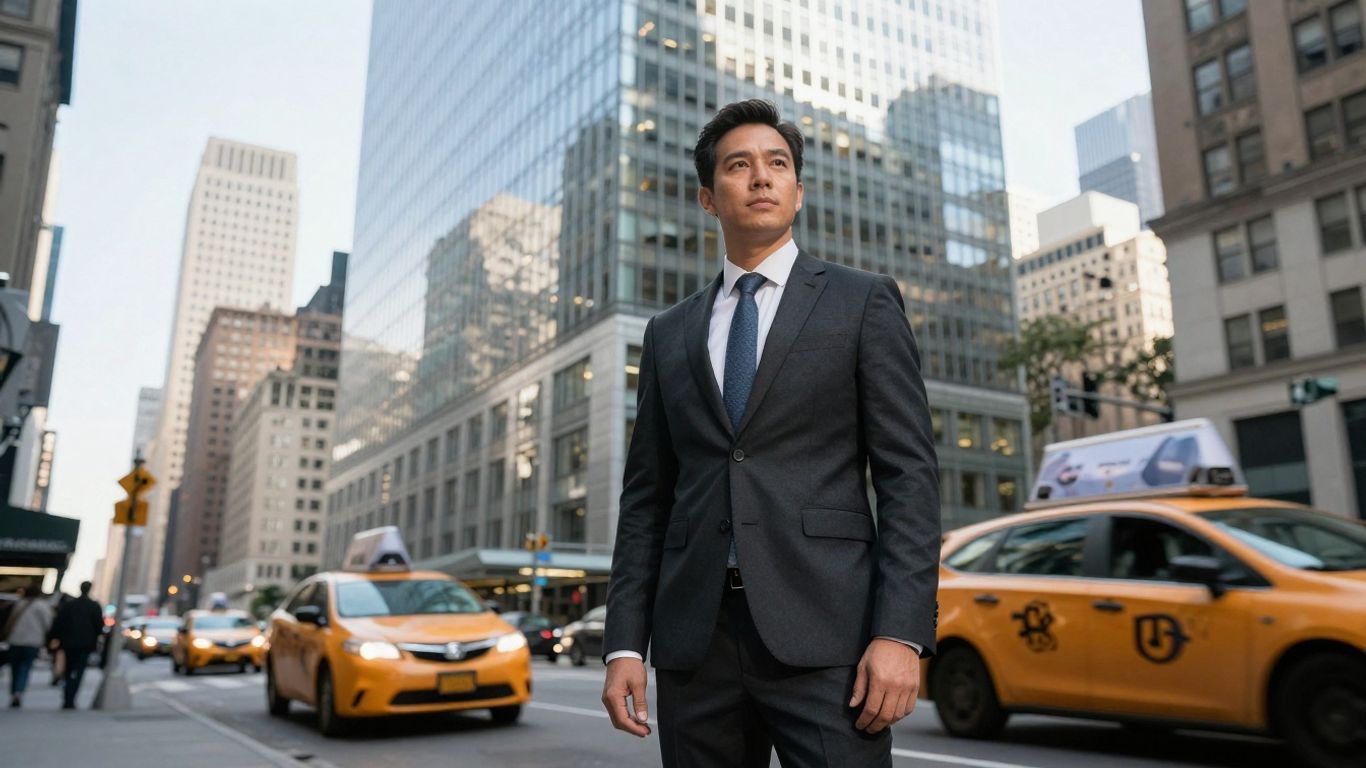 NYC real estate broker with skyscrapers behind.