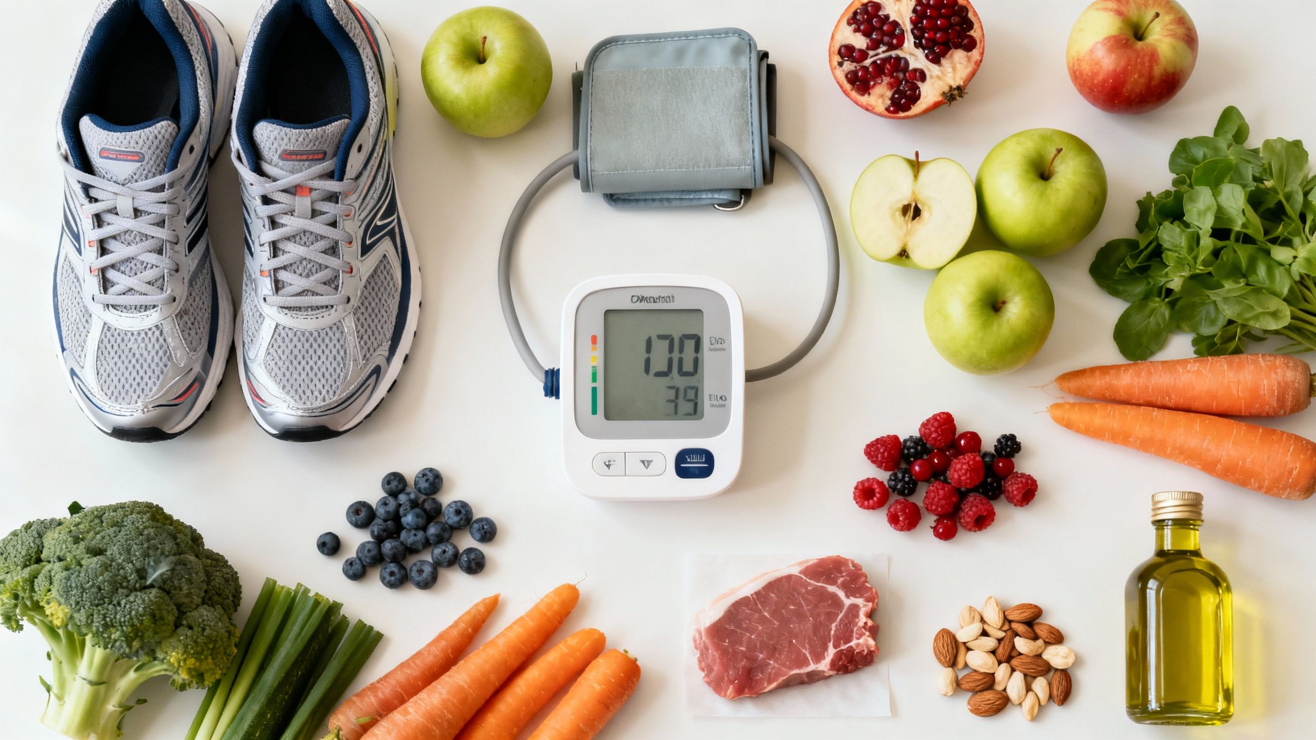 Heart health items: sneakers, fruits, meat, monitor, nuts, oil.