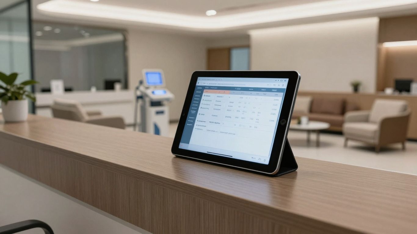 Modern clinic reception with digital appointment schedule.