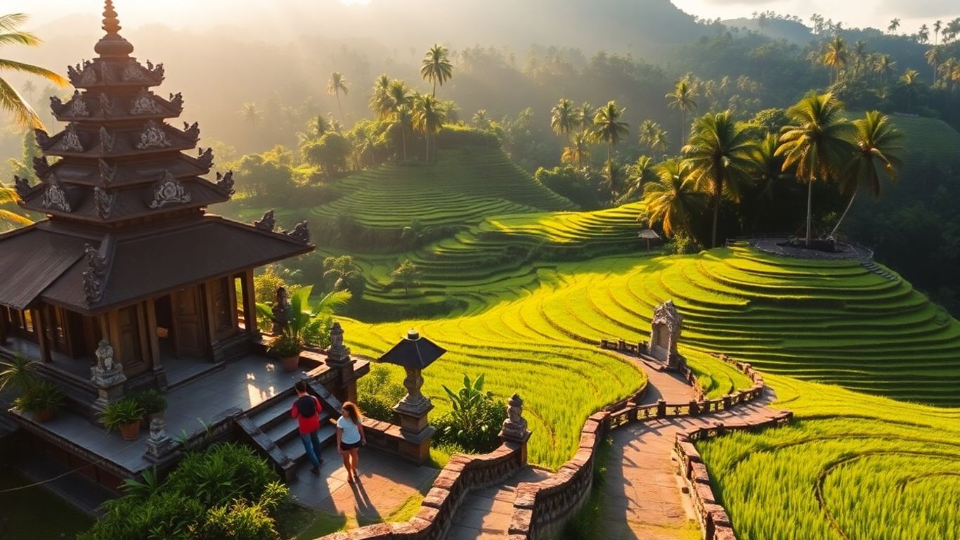 Ubud rice terraces and temple under golden sunlight