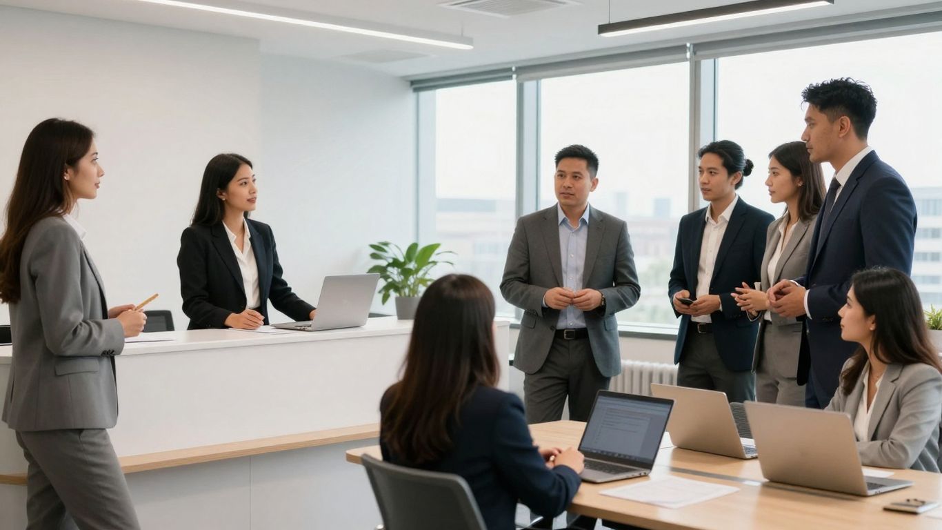 Hispanos trabajando en oficinas modernas en Boston.