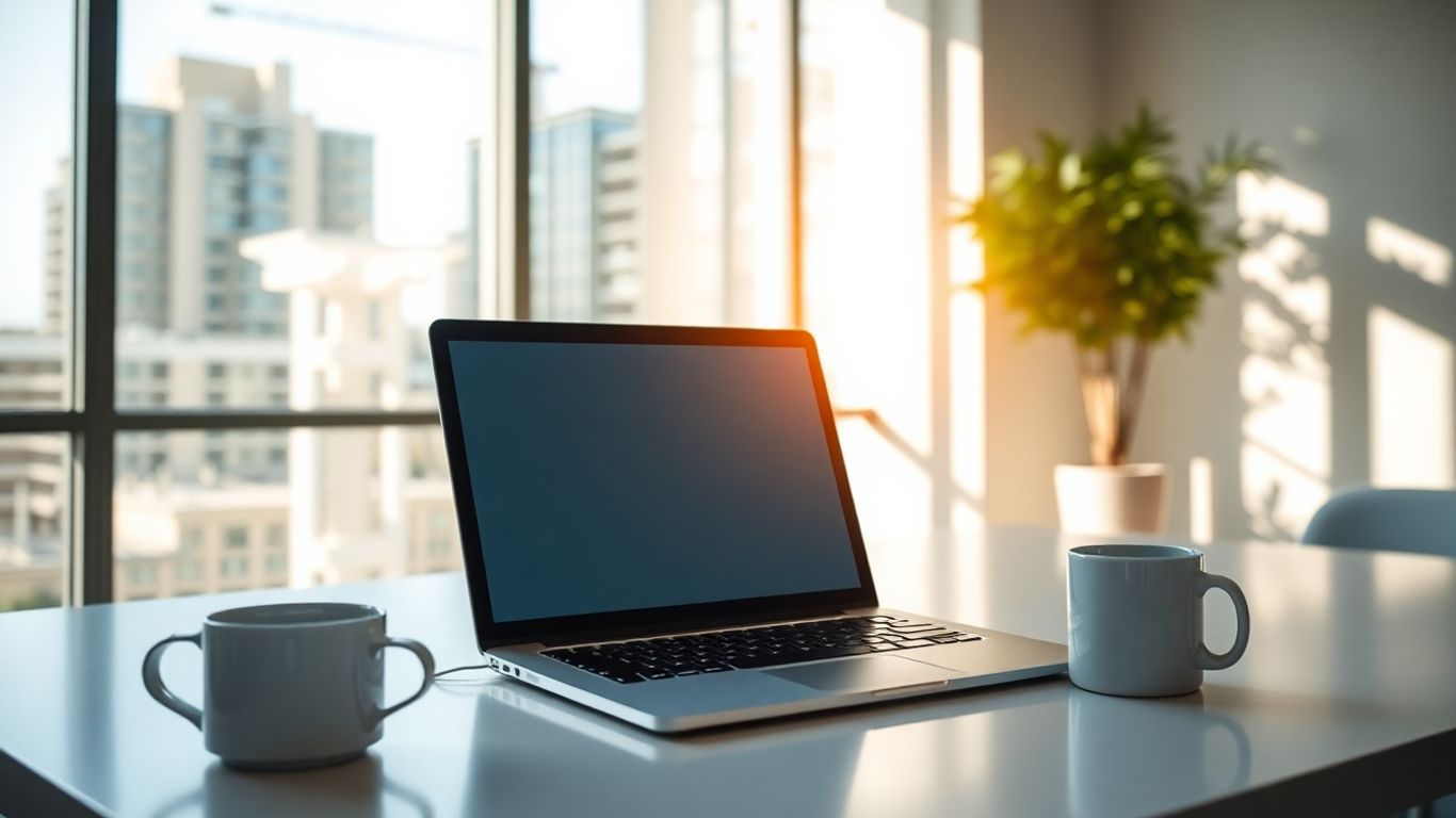 Moderner Bürotisch mit Laptop und Pflanze.