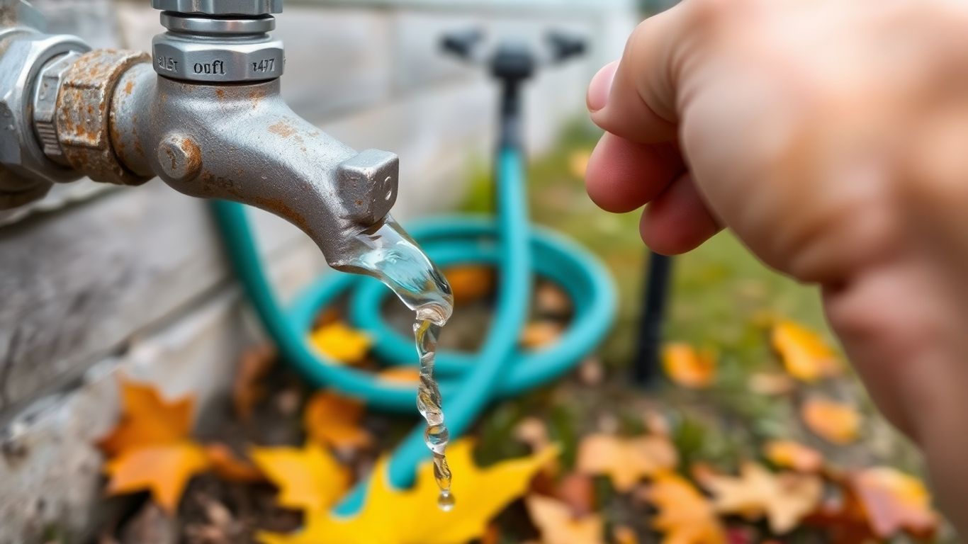 Outdoor faucet being turned off with autumn leaves nearby.