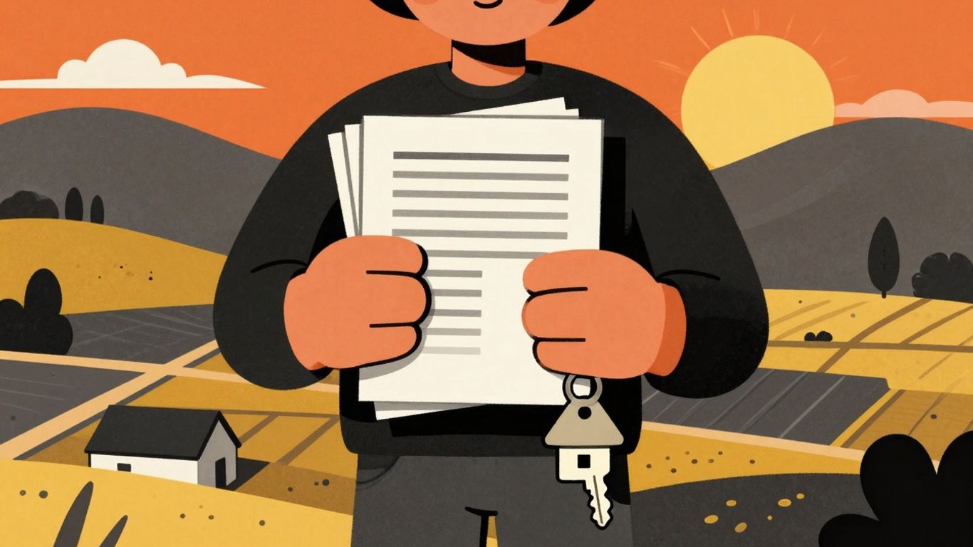 Cartoon of person with land documents and key.