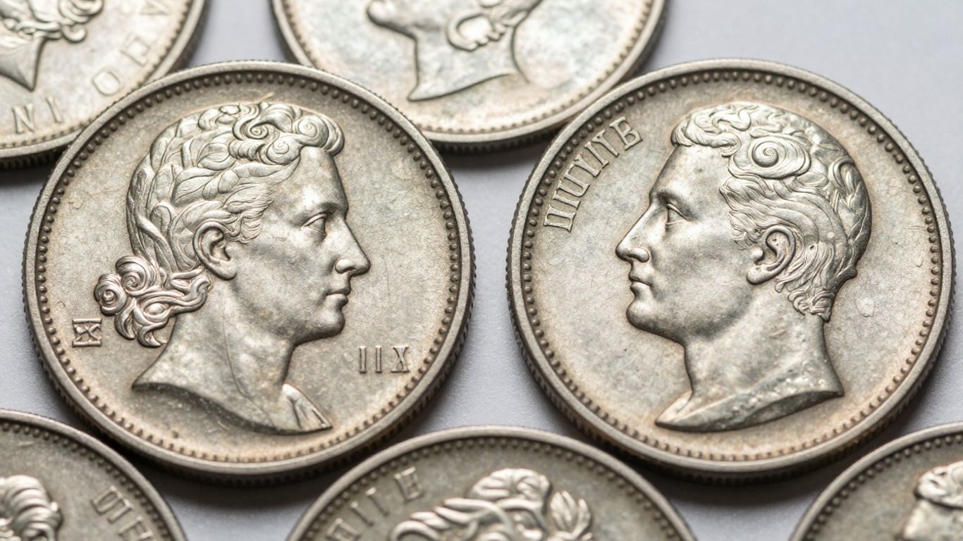 Close-up of rare overstrike error coins with unique minting marks.